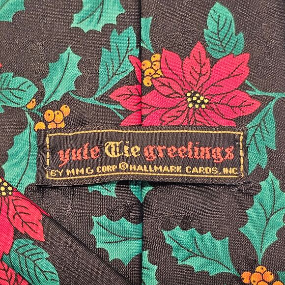 Christmas Holiday Tie Hallmark Yule Necktie Greeting Poinsettia Holly Black USA - Picture 8 of 8
